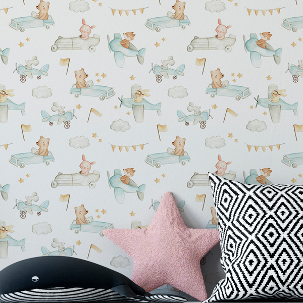 Papel De Parede Carrinho Infantil Decorado Aquarela Animais A