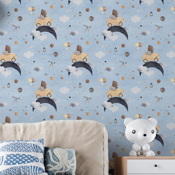 Papel De Parede Carrinho Infantil Ursinho Aquarela Azul Quart