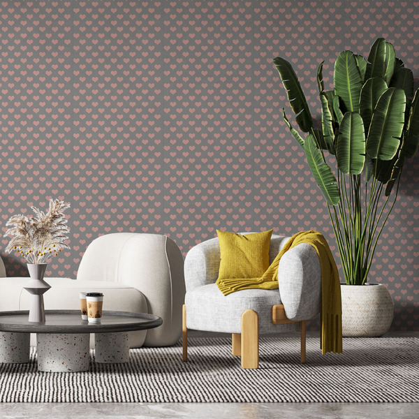 Papel De Parede Casual Cinza Com Corações Rosas 1,3m