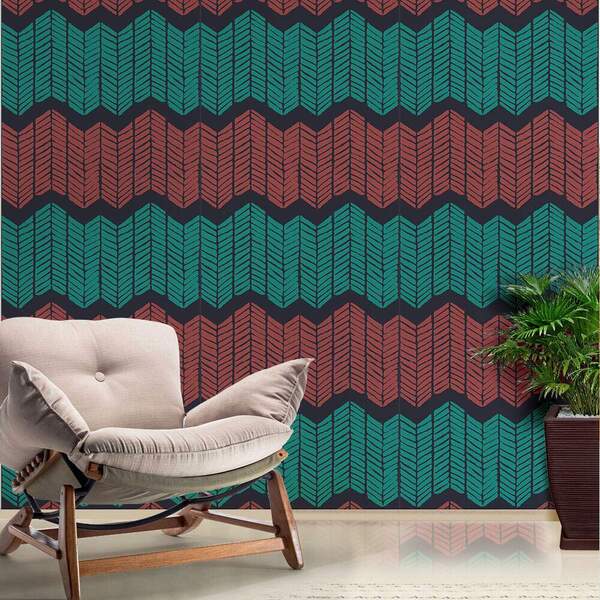 Papel De Parede Chevron Abstrato Vermelho E Verde-60x300cm