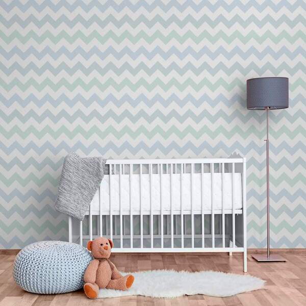 Papel De Parede Chevron Branco, Verde E Azul Pastel-60x300cm