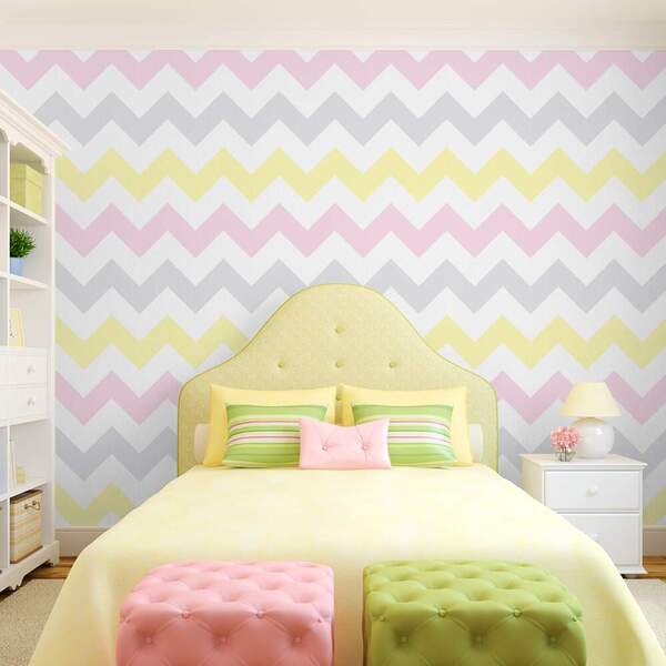Papel De Parede Chevron Rosa Cinza E Amarelo-60x300cm