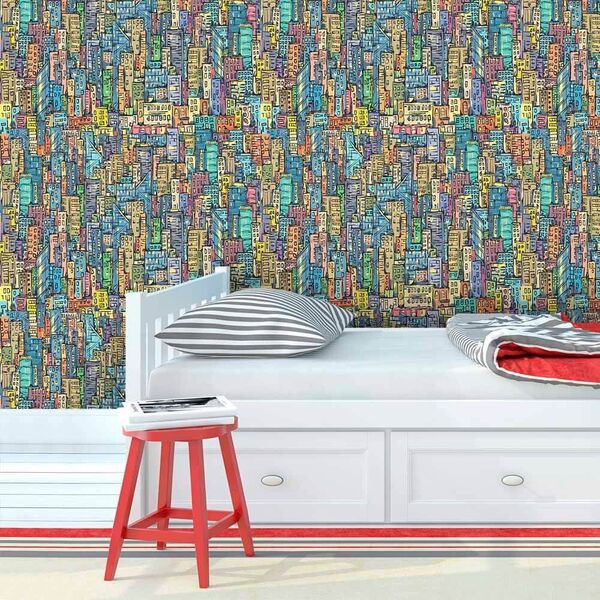Papel De Parede Cidade Colorida - 0 50 X 3 00 Metros