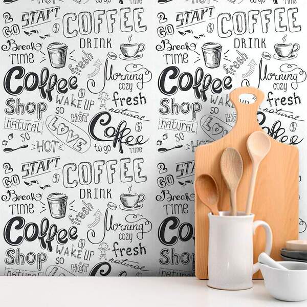Papel De Parede Coffee Love Preto E Branco-60x300cm