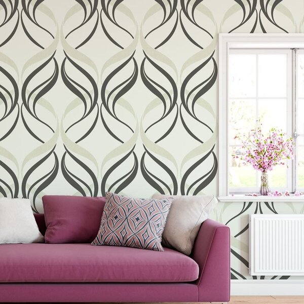 Papel De Parede Com Fundo Cinza E Detalhes Em Arabescos Nude