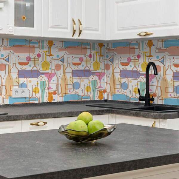 Papel De Parede Cozinha Mod 017 Garrafas E Taças 1 60x300cm