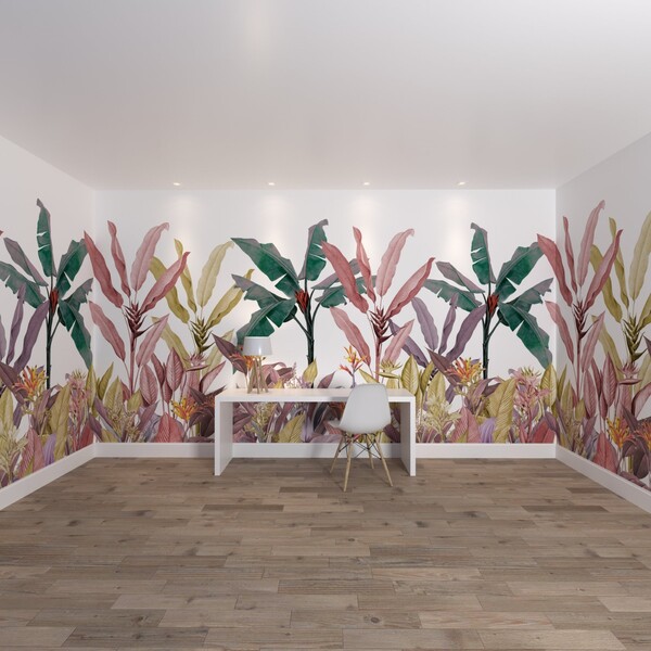 Papel de Parede de Poliéster e PVC Tropical Rosa e Verde 2,9x4m Muse