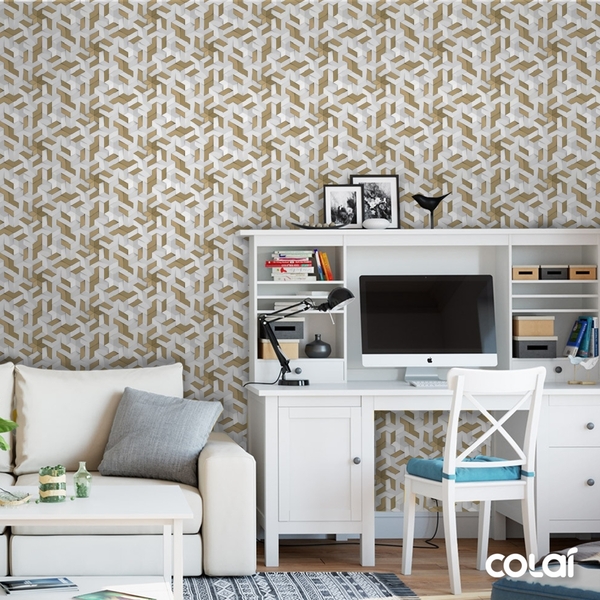 Papel De Parede Efeito Gesso 3d Labirinto Branco E Gold 15m