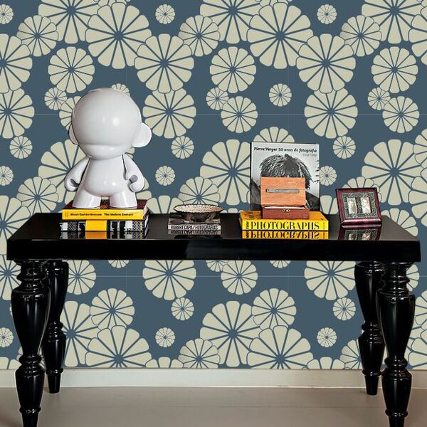 Papel De Parede Floral Bege Com Azul Petróleo 2