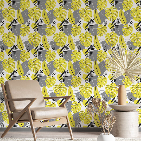 Papel De Parede Floral Cinza E Amarelo-60x300cm