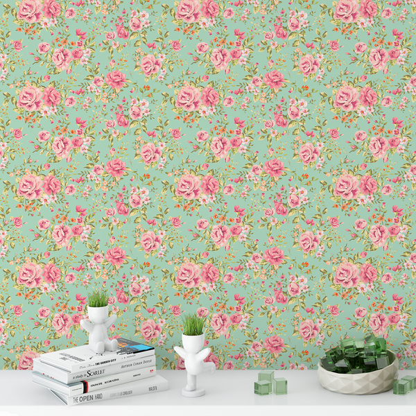 Papel De Parede Floral Fundo Verde Flores Em Rosa 10,0m