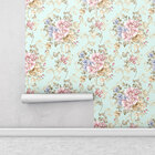 Papel De Parede Floral Rosas Roxa Lavável Fundo Verde Marinho