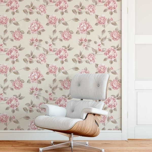 Papel De Parede Flores Floral Em Tons Bege Cinza E Rosa