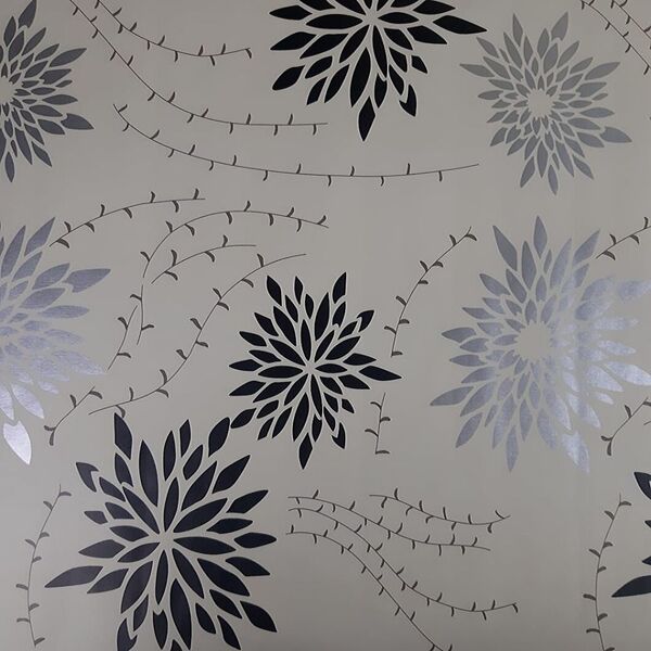 Papel De Parede Flores Preto E Prata Fundo Bege