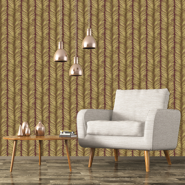 Papel De Parede Folhagem Vermelho E Dourado