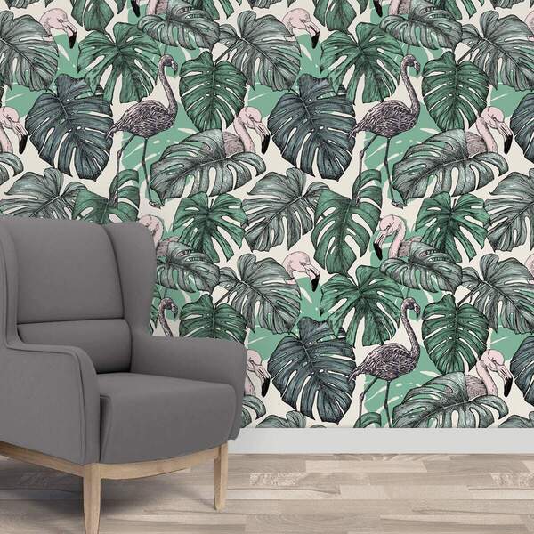 Papel De Parede Folhas E Flamingos-60x300cm