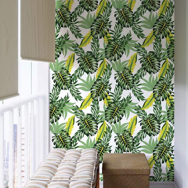 Papel De Parede Folhas Tropicais Verde E Amarelo-60x300cm