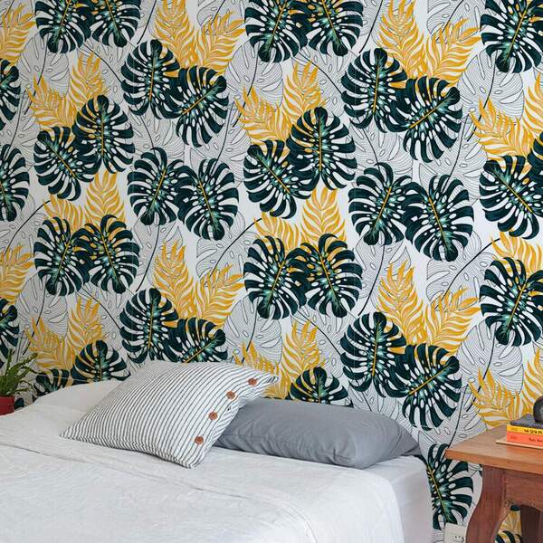 Papel De Parede Folhas Verdes Escuro E Amarelo-60x300cm