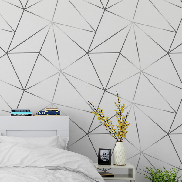 Papel De Parede Geométrico Branco Prata Auto Colante 15m