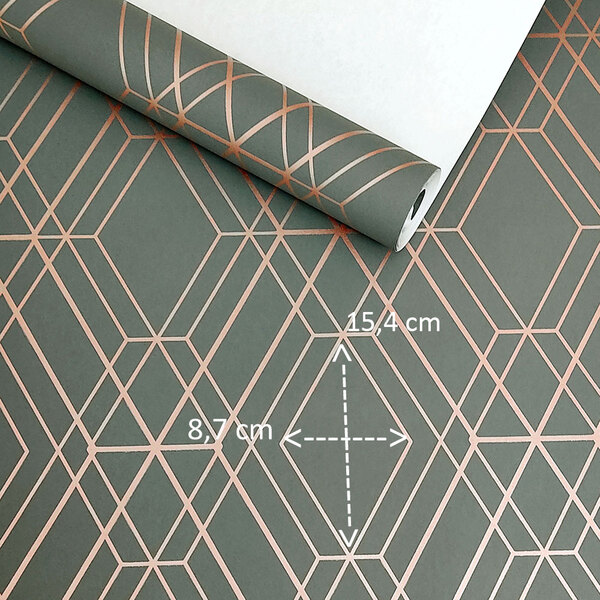 Papel De Parede Geométrico Cinza Escuro Metalizado Rose Gold