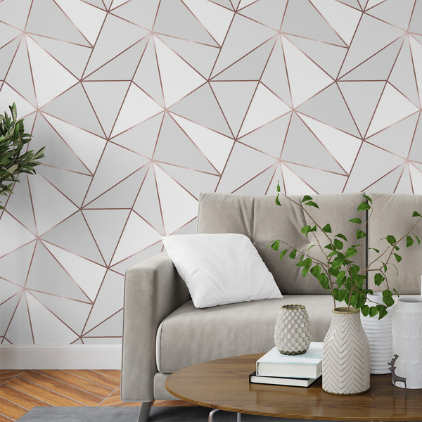 Papel De Parede Geométrico Cinza Fio Rosê Lavável 12m