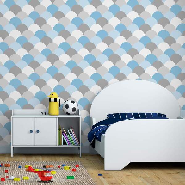 Papel De Parede Geomêtrico Escamas Azul Com Cinza-60x300cm