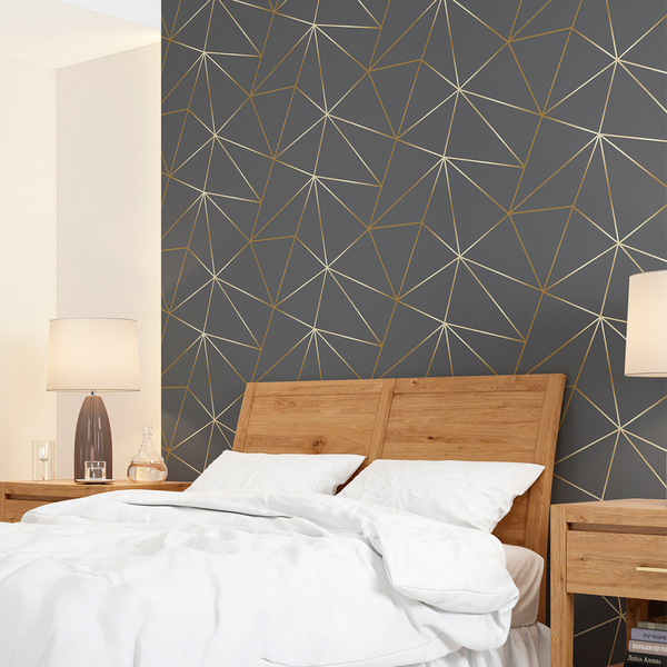 Papel De Parede Geométrico Grafite Fio Gold Auto Colante 6m