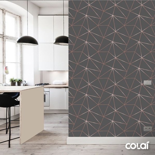 Papel De Parede Geométrico Grafite Fio Rosê Auto Colante 6m
