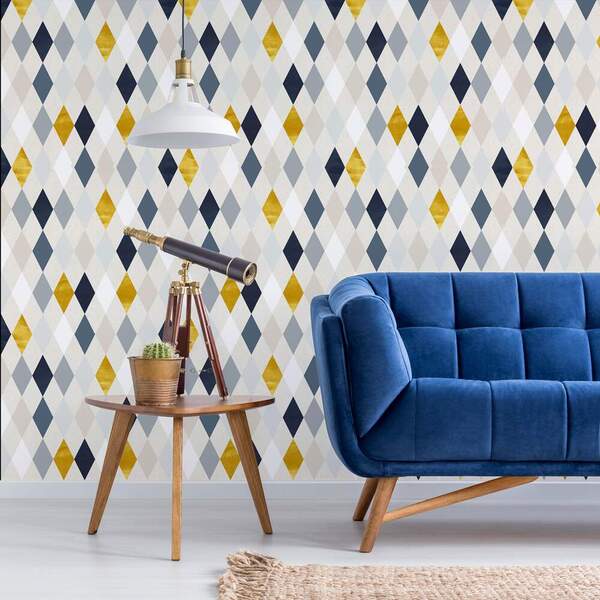 Papel De Parede Geomêtrico Losangos Dourado Com Azul-60x300