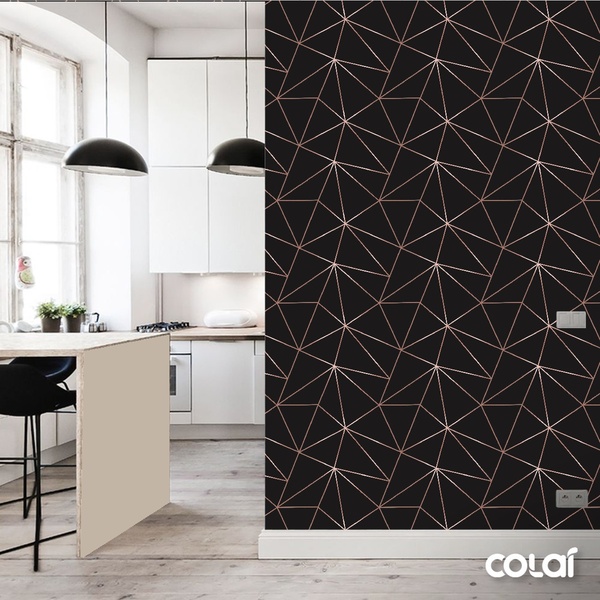 Papel De Parede Geométrico Negro Fio Rosê Auto Colante 12m
