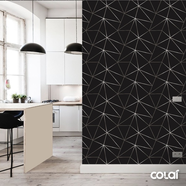 Papel De Parede Geométrico Negro Fio Silver Auto Colante 12m