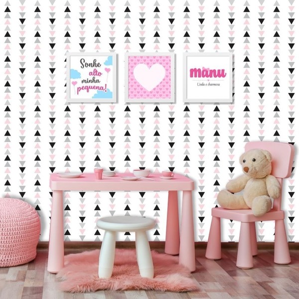 Papel De Parede Geométrico Triângulos Rosa, Cinza E Preto