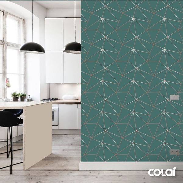 Papel De Parede Geométrico Verde Fio Rosê Auto Colante 18m