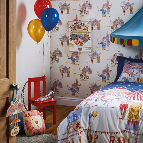 Papel De Parede Importado Bege Estampa de Circo Quarto Infant
