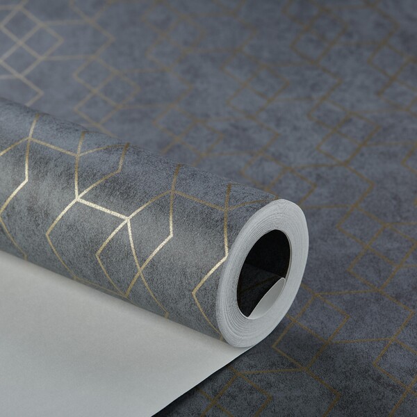 Papel De Parede Importado Geometrico Grafite C/dourado