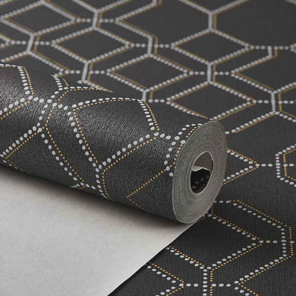 Papel De Parede Importado Geometrico Grafite Dourado E Branco