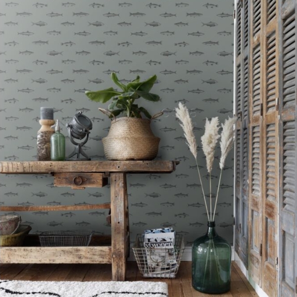 Papel De Parede Importado Verde Escuro Estampa De Peixes 4m²