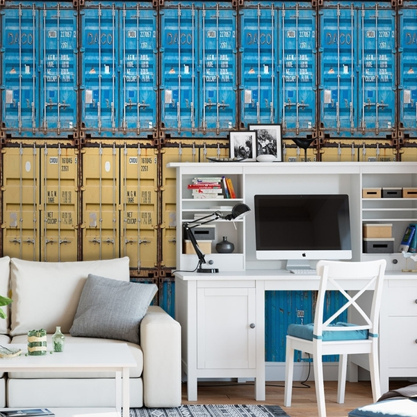 Papel De Parede Industrial Container Azul E Bege 9m