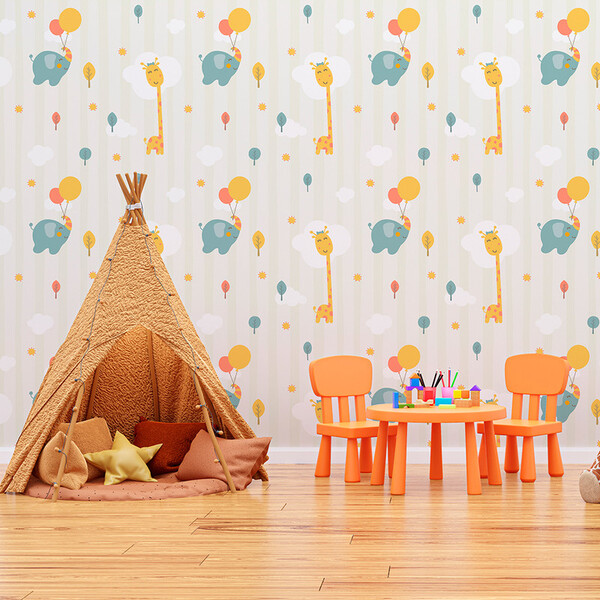 Papel De Parede Infantil Animais Girafa, Elefante E Balões 3