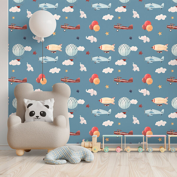 Papel De Parede Infantil Balões, Elefantes E Aviões10 Metros