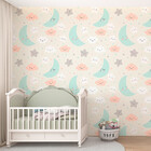 Papel De Parede Infantil Céu Estrelado Com Nuvenzinhas E Luas