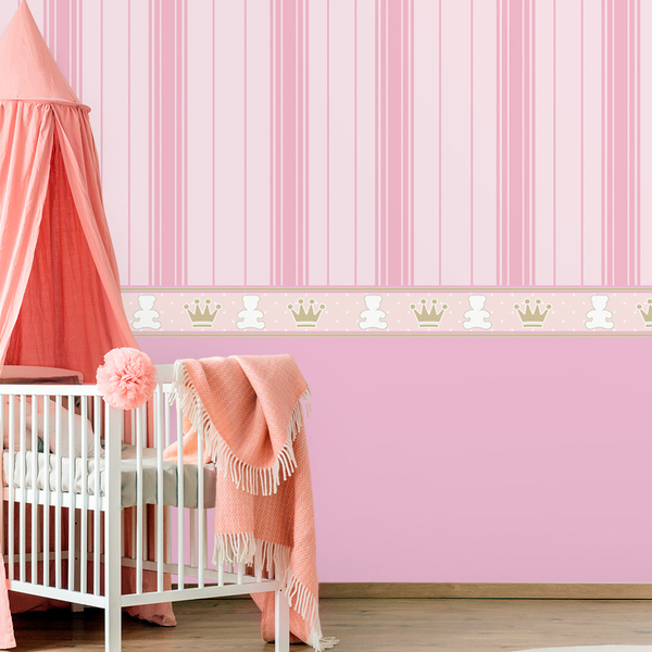 Papel De Parede Infantil Listras E Faixa Rosa 59x300cm