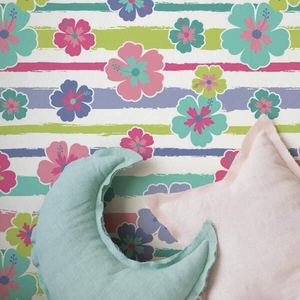 Papel De Parede Infantil Listras E Flores Coloridas-60x300cm