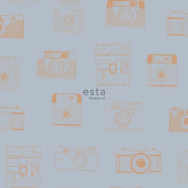 Papel De Parede Italiano Azul E Laranja Estampa Câmeras 4m²