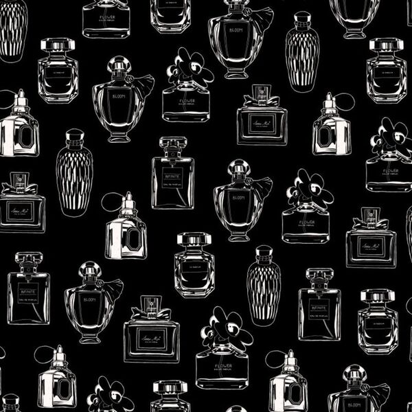 Papel De Parede Italiano Preto Estampa Desenhos de Perfumes Q