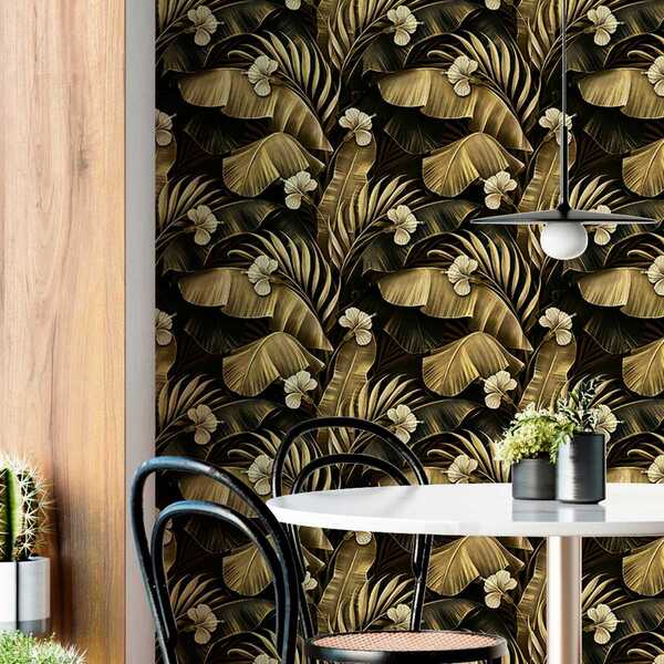 Papel De Parede Jardim Folhagem De Bananeira Flor Gold 9m