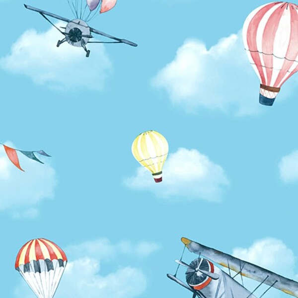 Papel De Parede Kantai Hello Kids - Balão E Avião Azul Claro