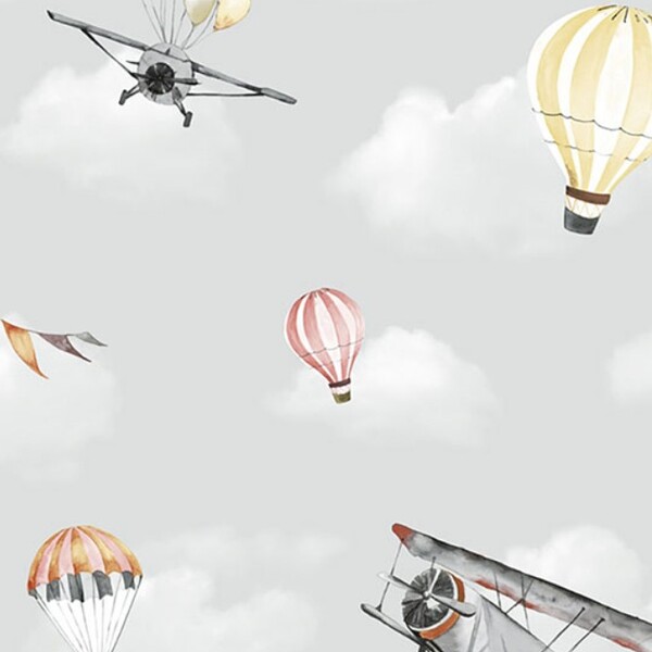 Papel De Parede Kantai Hello Kids - Balão E Avião Cinza Hk223