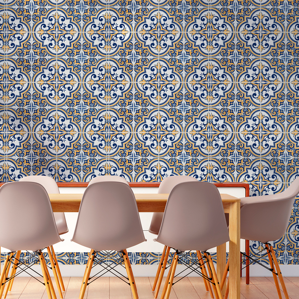 Papel De Parede Lavável Azulejo Português Vintage Azul 6m