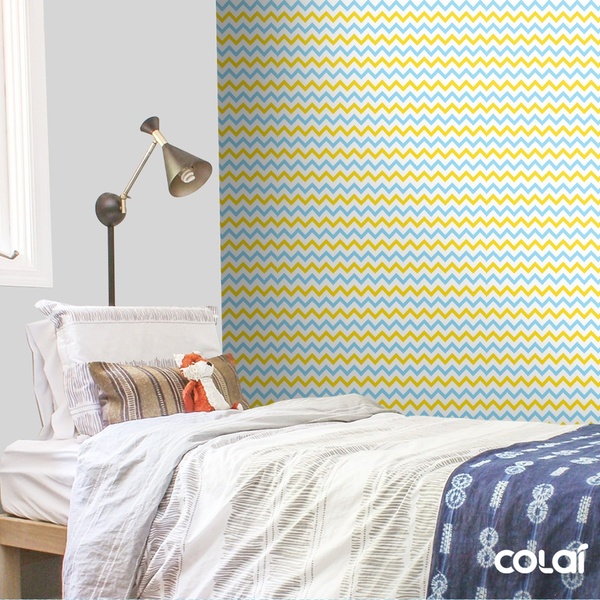 Papel De Parede Lavável Chevron Amarelas E Azuis 6m